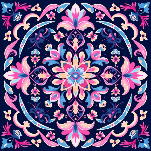 a blue and pink floral design with a circular design generative ai