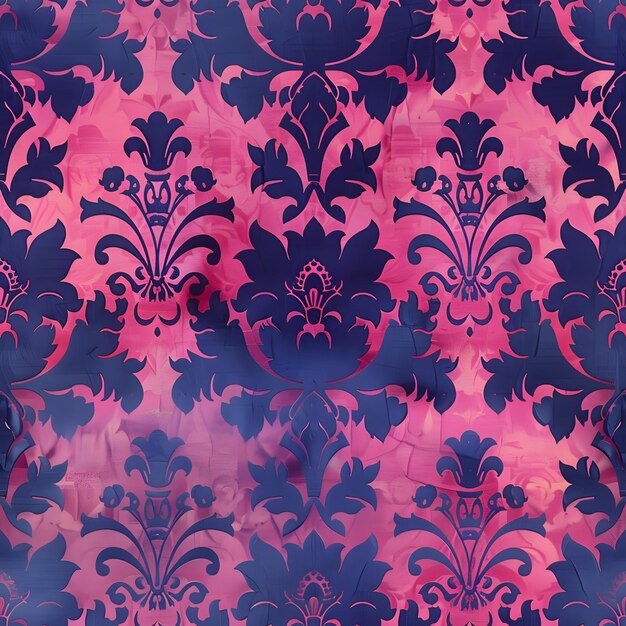 a blue and pink floral pattern with pink and purple flowers