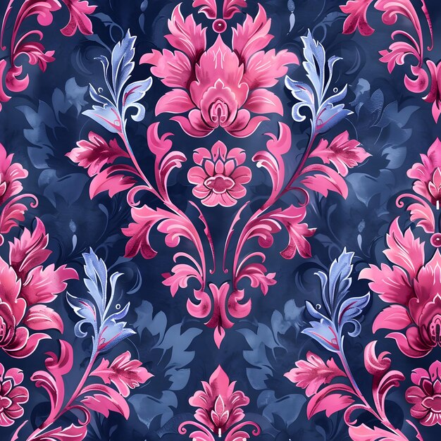 a blue and pink floral pattern with pink and purple flowers