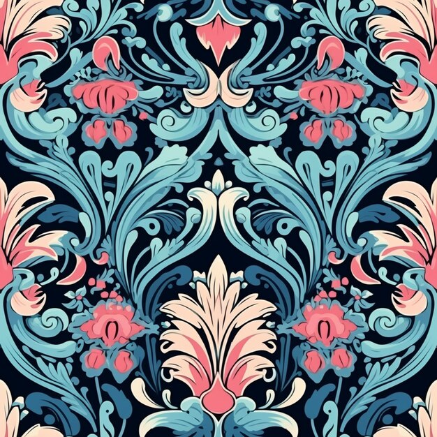 a blue and pink floral pattern with swirls and leaves generative ai