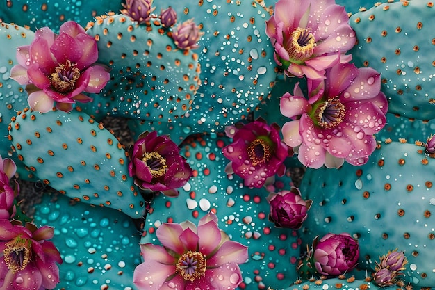 a blue and pink flower arrangement with water drops on the top