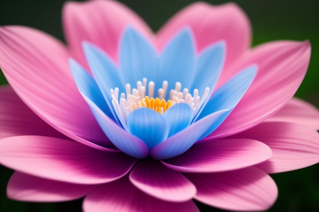 a blue and pink flower with a yellow center