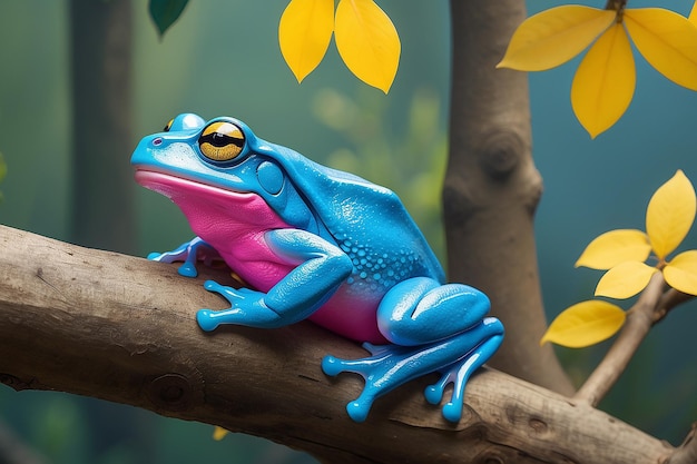 A blue and pink frog sits on a branch next to a yellow tree