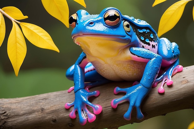 A blue and pink frog sits on a branch next to a yellow tree