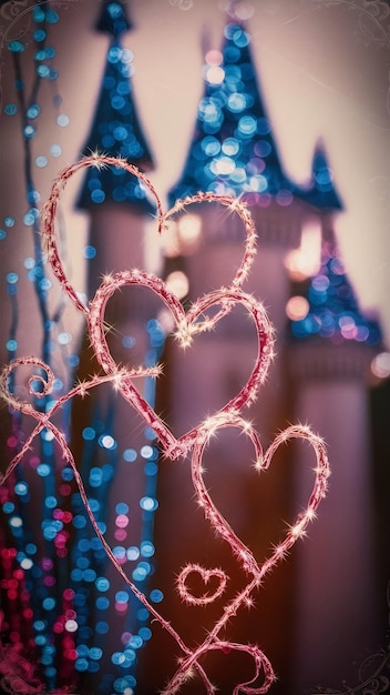 blue and pink glitter vintage lights background defocused hearts overlay