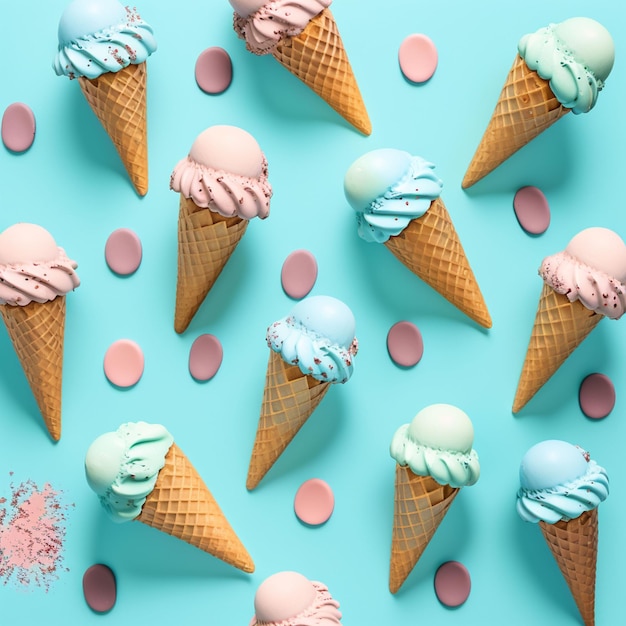 A blue and pink ice cream cone with pink and blue frosting on a blue background.