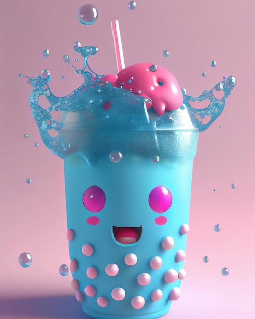 A blue and pink ice cream cup with a straw and a pink face.