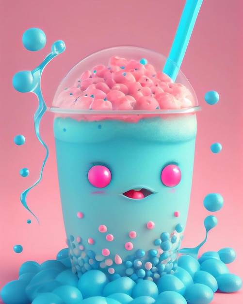 A blue and pink milkshake with a straw in it.