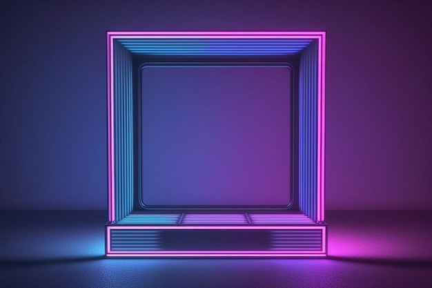 blue pink neon square frame empty space ultraviolet light fashion show stage Generative AI