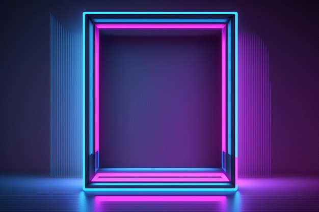 blue pink neon square frame empty space ultraviolet light fashion show stage Generative AI