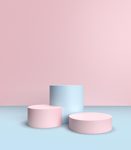 Blue and pink podiums on blue color background for product Minimal concept 3d rendering