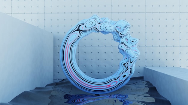 A blue and pink sculpture of a fish in a pool of water.