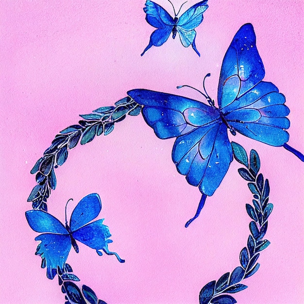 Blue and pink watercolor of a butterfly animal hand draw watercolor