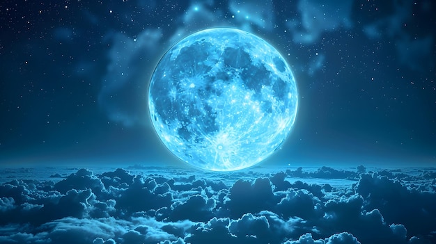 Photo a blue planet in the clouds with the moon above it