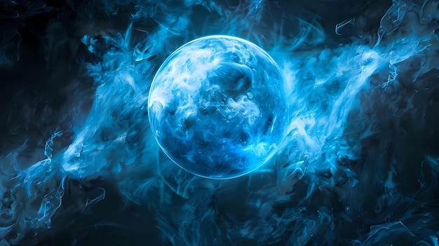 Blue planet and smoke on black background Fantasy fractal texture Generative AI illustrations