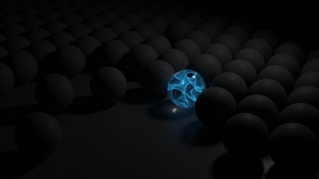 Blue plasma globe that is surrounding by gray globe set on a dark floor (3D Rendering)