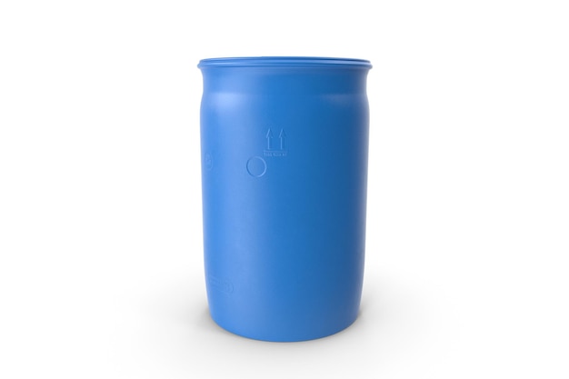 A blue plastic can with the word o on it.