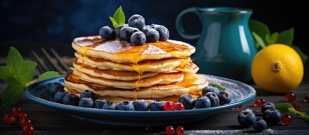 A blue plate holds a stack of pancakes with raisins topped with lemon rind and slices A fork