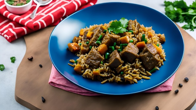 A blue plate of rice with beef and vegetables on it.