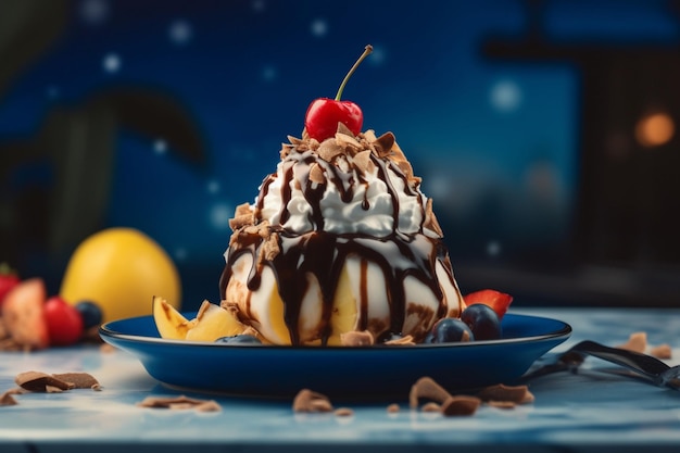 A blue plate with a banana sundae and a banana on it