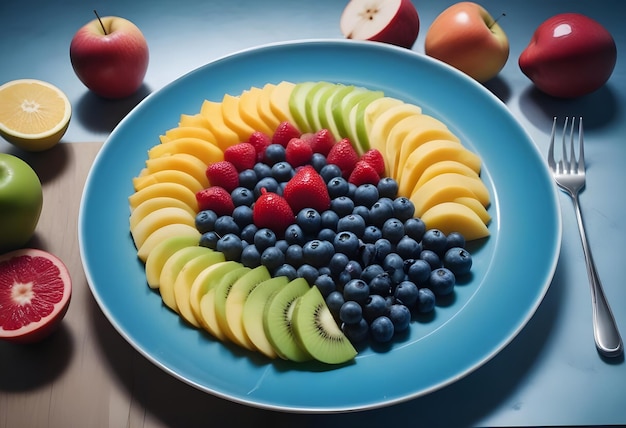 a blue plate with a fruit bowl with fruit on it