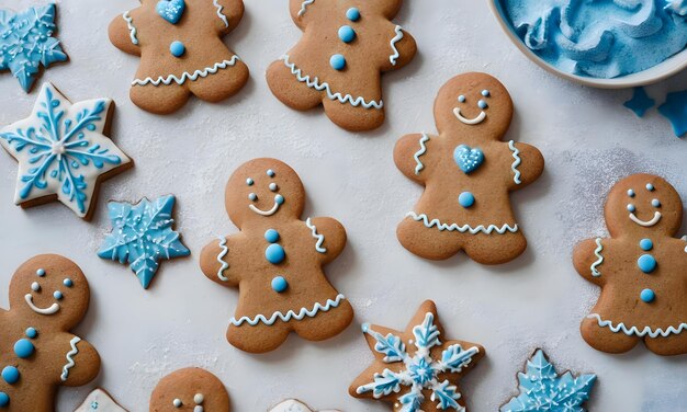 a blue plate with gingerbread men and snowflakes on it