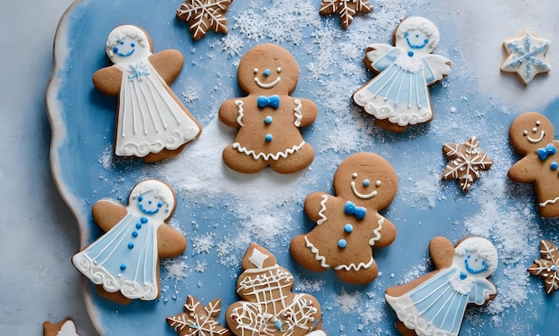 a blue plate with gingerbread men and women on it