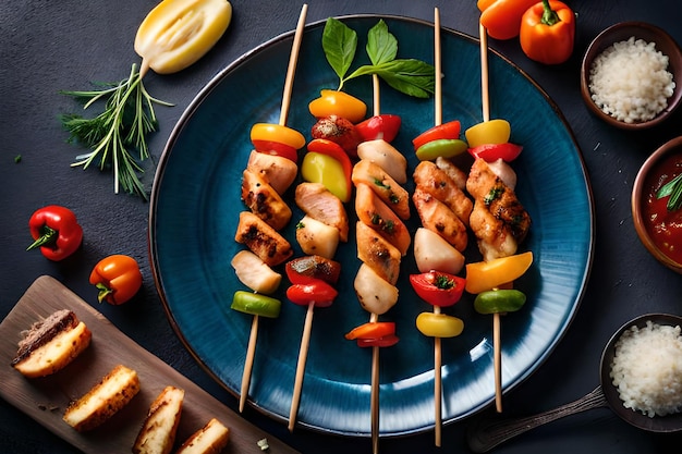 A blue plate with grilled chicken skewers and tomatoes