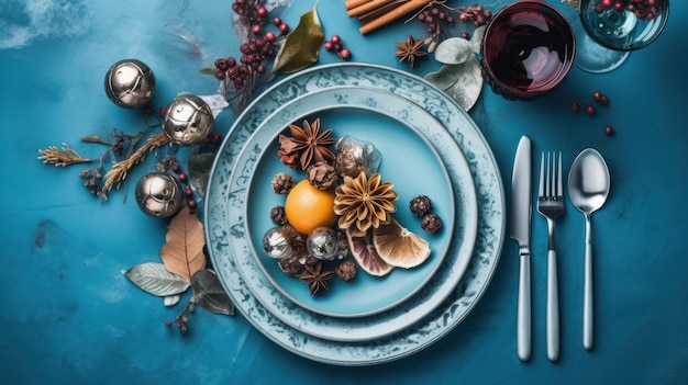 A blue plate with a plate with a fruit on it