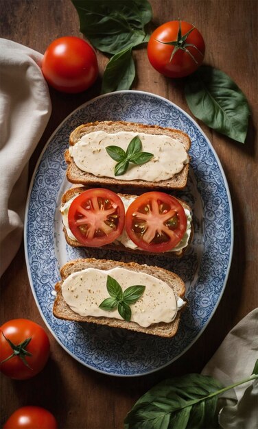 a blue plate with a sandwich on it and a tomato on it