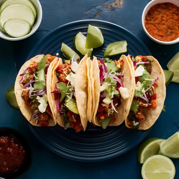 a blue plate with tacos and a plate of food on it