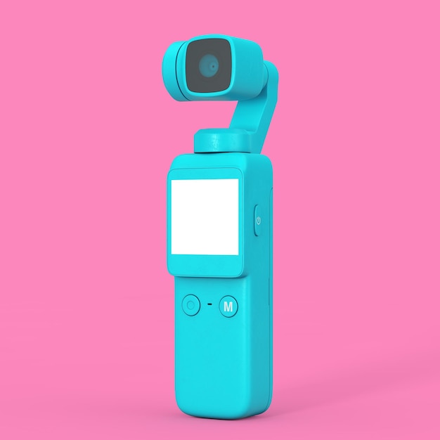 Blue Pocket Handheld Gimbal Action Camera in Duotone Style 3d Rendering