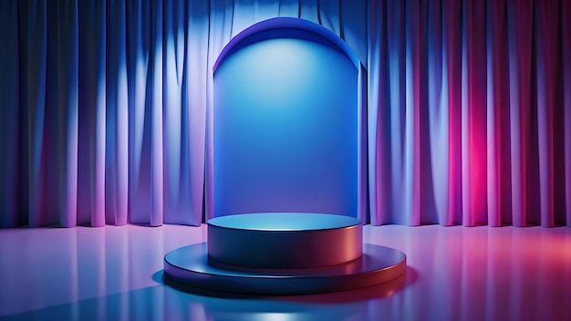 Blue podium minimal on pink curtain for product