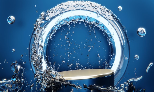 Blue podium and water drop Abstract on the blue background