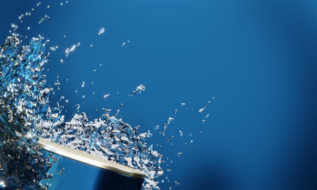 Blue podium and water drop Abstract on the blue background