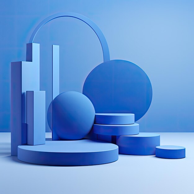 Photo a blue podium with 3d rendered shapes