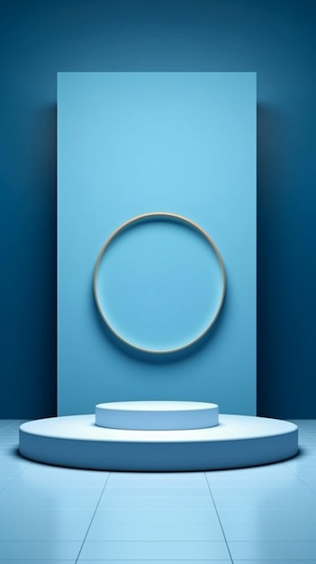 A blue podium with a circular mirror on it in a room generative ai