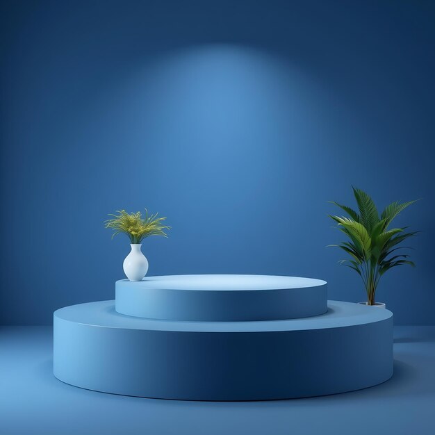 Blue podium with plants and spotlight on blue background