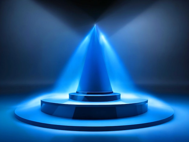 blue podium with spotlight and smoke on the stage