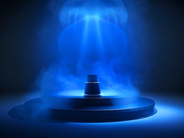 blue podium with spotlight and smoke on the stage