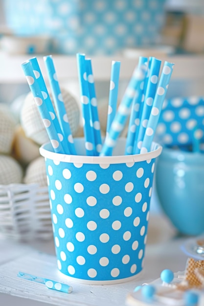 Blue polka dot paper cup with matching straws