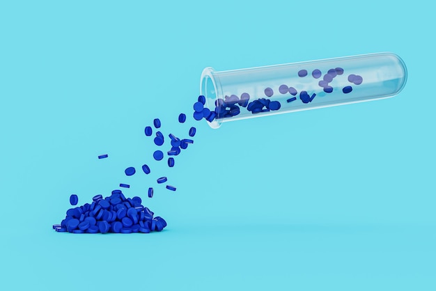 Blue Polymer Plastic bead on blue background polymer resin in sample test tube plastic granulate