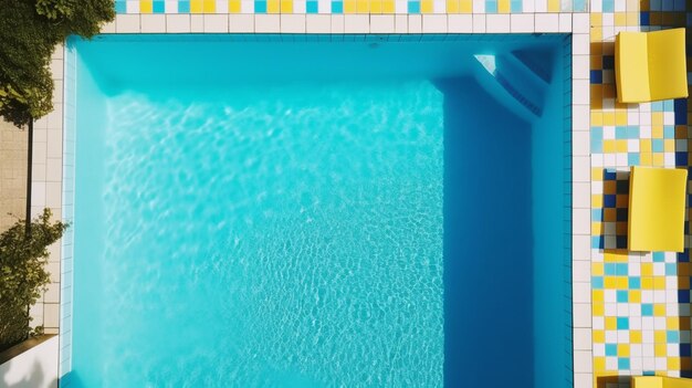 A blue pool with a yellow and blue tile border and a blue tile border.