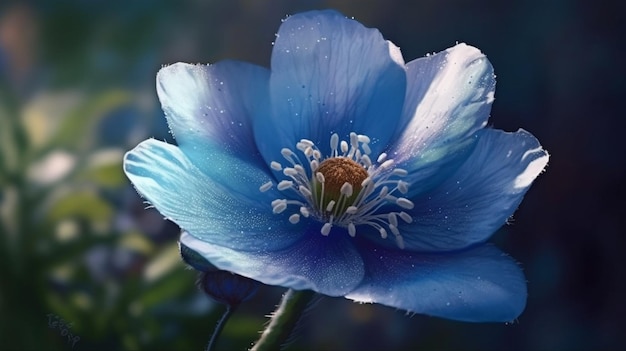 Blue poppy flower with water drops on petals Close upgenerative ai