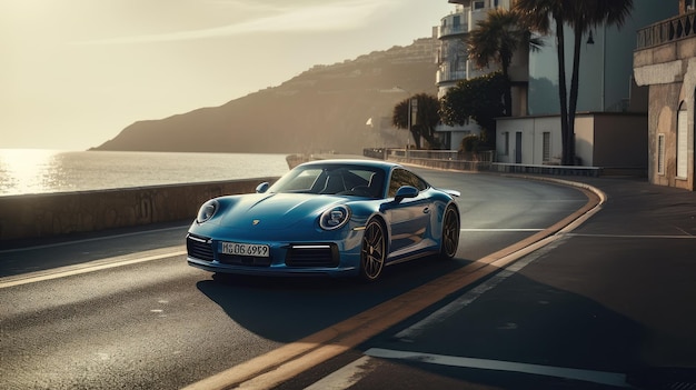 A blue porsche 911 with a license plate that says porsche 991 on the front.