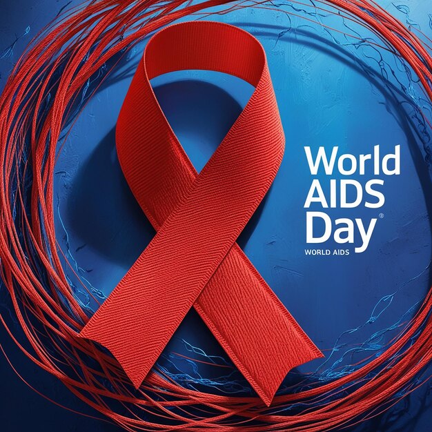 a blue poster with a red ribbon around it and the words world aids day