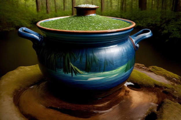 A Blue Pot Sitting On Top Of A Tree Stump