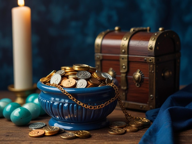 a blue pot with coins and a lit candle in the middle