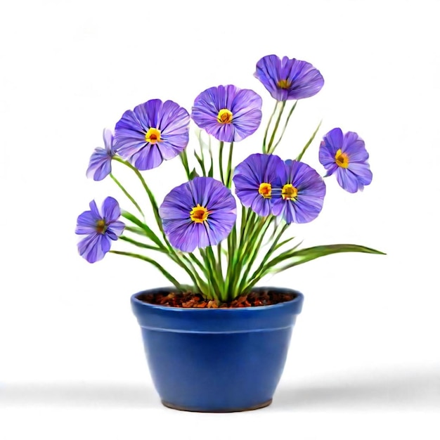 a blue pot with purple flowers in it and a blue pot with a plant in it