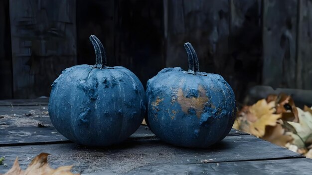 Photo blue pumpkins sit on a wooden surface with the words blue pumpkins on the left